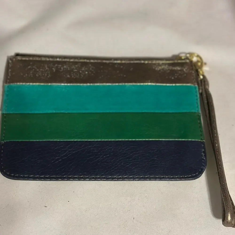 Fossil Leather Color Block Metallic Blue Green Gold Wristlet